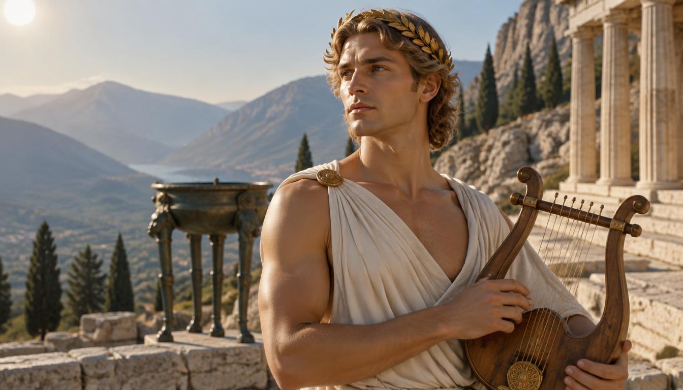 Apollon couronné de laurier, lyre en main, près d'un trépied à Delphes.