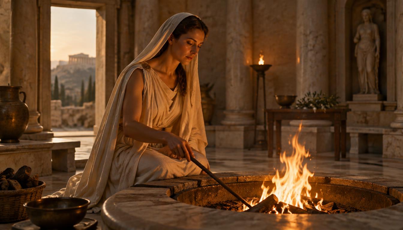 Hestia voilée entretenant le foyer circulaire d'un prytanée.