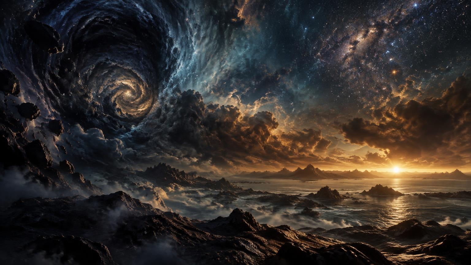 Tourbillon primordial ouvrant sur une terre naissante et un horizon marin — reconstitution artistique