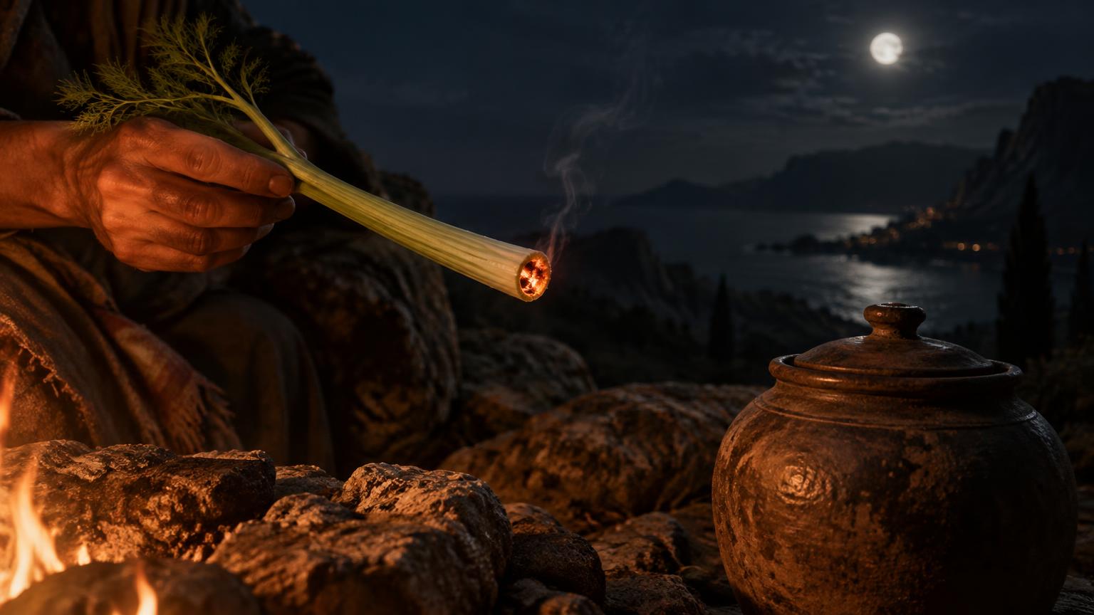 Tige de férule portant une braise près d'une jarre close, la nuit — reconstitution artistique