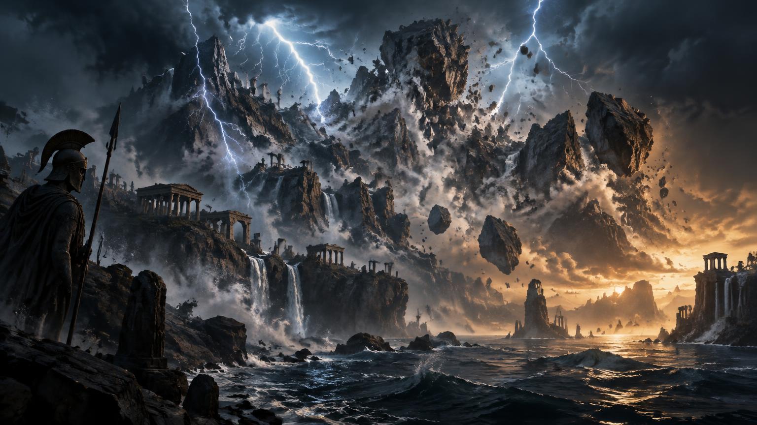 Foudre frappant des montagnes disloquées au-dessus de la mer — reconstitution artistique