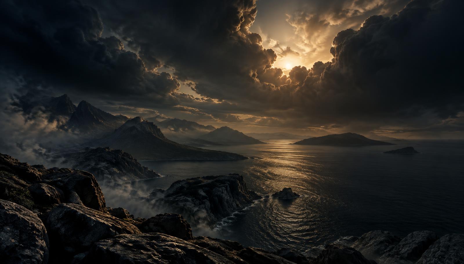 Terre nue et mer sombre sous un ciel d'orage — reconstitution artistique